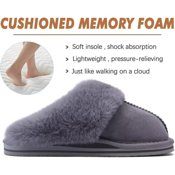 🆕Women Dark Grey Suede Fluff Dual Memory Foam Arch Support Warm Scuff Slipper - Picture 6 of 9